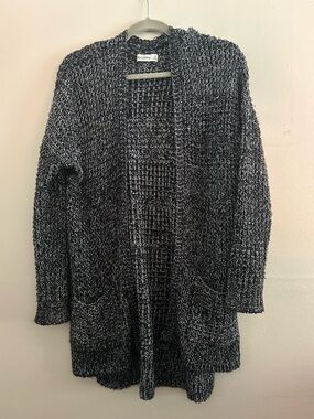 Open-Front Black & White Knit Cardigan Sweater